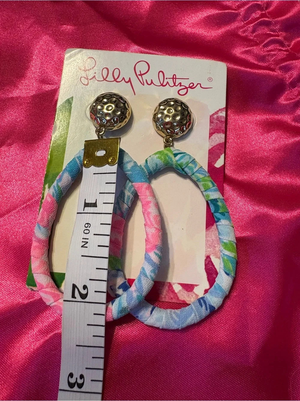 Lilly Pulitzer Pink Blue Green Floral Fabric-Wrapped Hoop Earrings